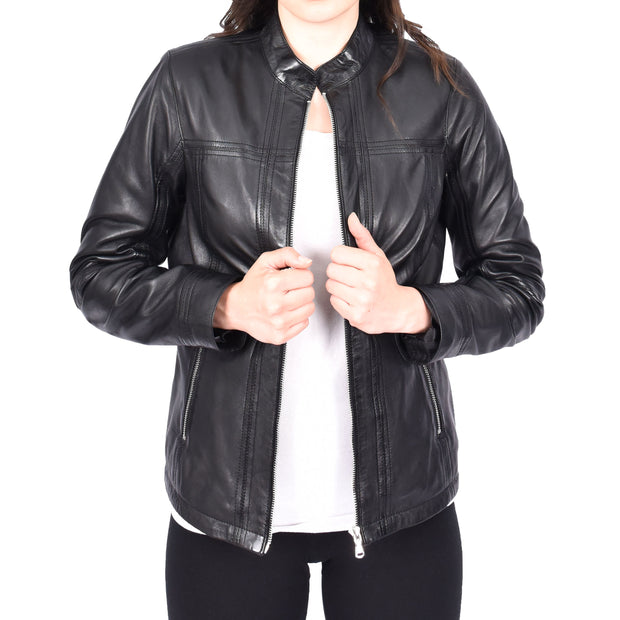 Womens Soft Leather Biker Jacket Fitted Zip Fasten Band Collar Casual Style Mia Black