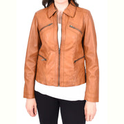 Ladies Soft Leather Jacket Fitted Collared Zip Fasten Biker Style Leah Tan-4