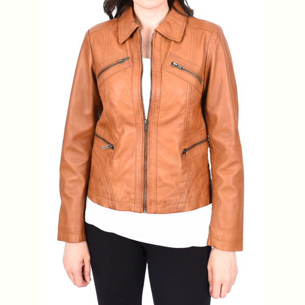 Ladies Soft Leather Jacket Fitted Collared Zip Fasten Biker Style Leah Tan-4