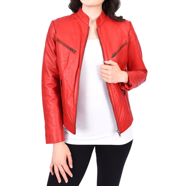 Womens Fitted Leather Biker Jacket Casual Zip Up Coat Jenny Red