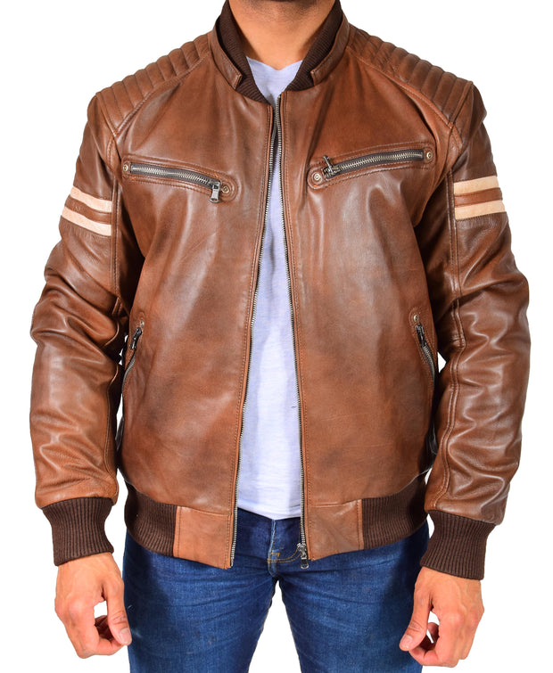 Mens Trendy Cognac Leather Bomber Jacket Fitted Removable Hood Dante