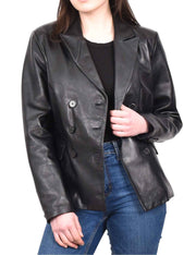 Womens Soft Black Leather Reefer Jacket Double Breasted Blazer Zuri