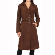 Women's Fine Goat Suede Trench Coat Below Knee Length, Belted Waist Long Jacket, Classic Style Rona Brown