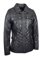 Womens Soft Black Leather Jacket Trendy Hip Length Quilted Fitted Style Rhea