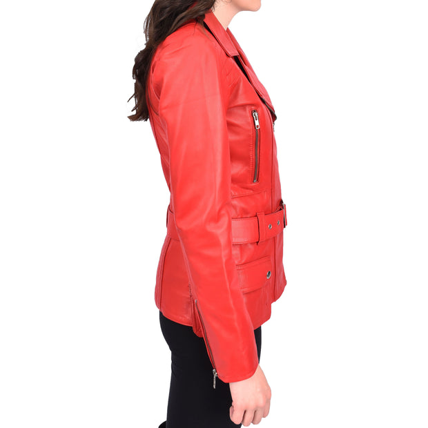 Womens Red Leather Belted Jacket Hip Length With Zip Details Sandra