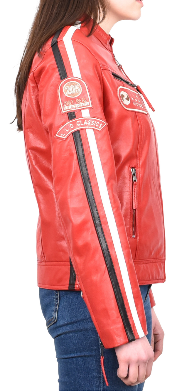 Womens Real Red Leather Cafe Racer Biker Jacket Motorcycle Retro Badges Abby