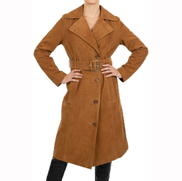 Women's Fine Goat Suede Trench Coat Below Knee Length, Belted Waist Long Jacket, Classic Style Rona Cognac