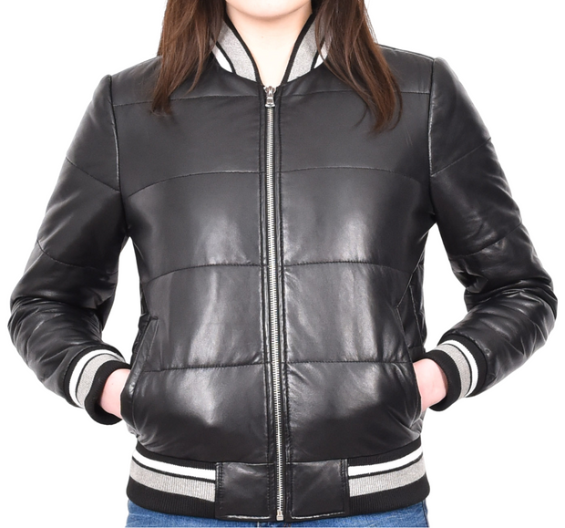 Womens Puffer Black Leather Jacket Soft Padded Bomber Yara