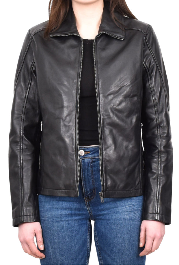 Womens Soft Black Leather Jacket Casual Biker Style Fitted Zip Fasten Aira