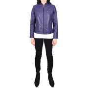 Womens Fitted Leather Biker Jacket Casual Zip Up Coat Jenny Purple-5