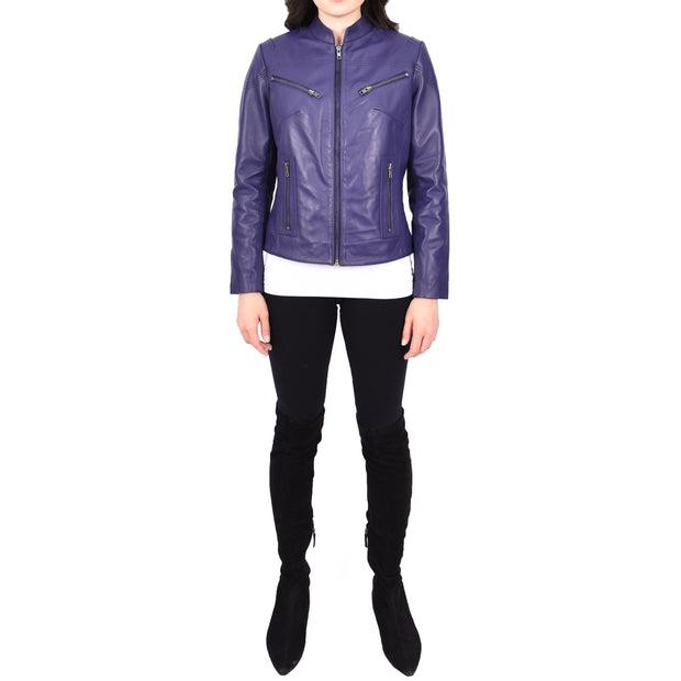 Womens Fitted Leather Biker Jacket Casual Zip Up Coat Jenny Purple-5