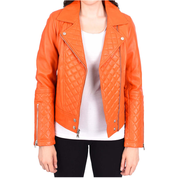 Womens Real Leather Jacket Orange Fitted Quilted Trendy Biker Style Bonnie-5