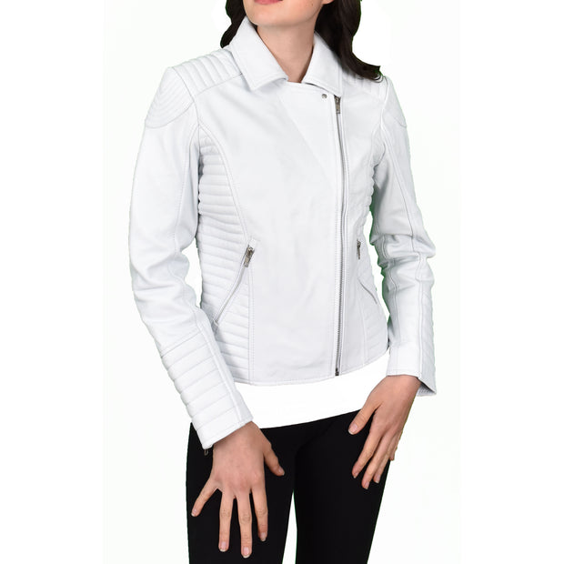 Womens Designer Leather Biker Jacket Fitted Quilted Bonita White--5