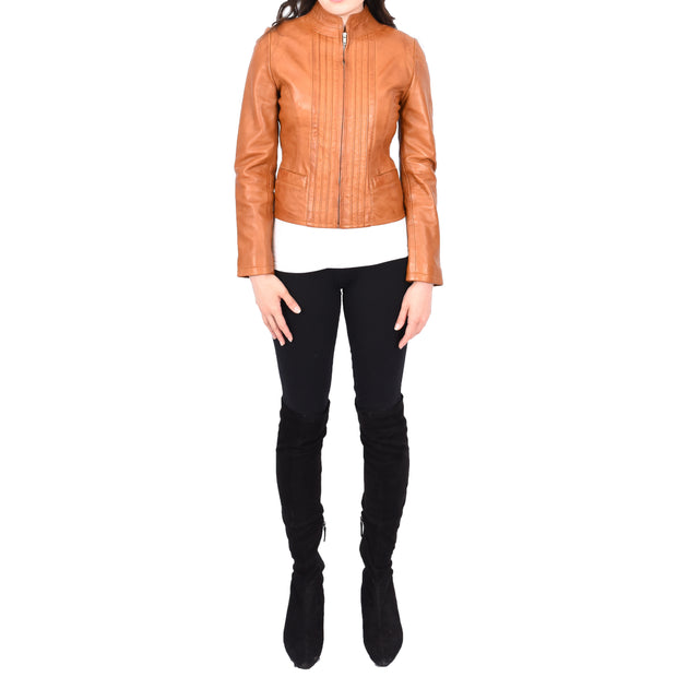 Womens Soft Cognac Leather Biker Jacket Stand-Up Band Collar Bliss