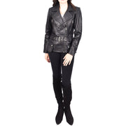 Womens Black Leather Belted Jacket Hip Length With Zip Details Sandra-5