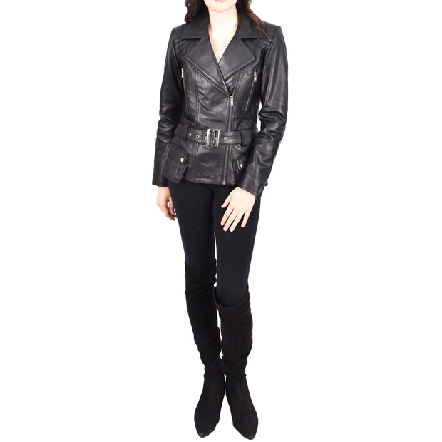 Womens Black Leather Belted Jacket Hip Length With Zip Details Sandra-5