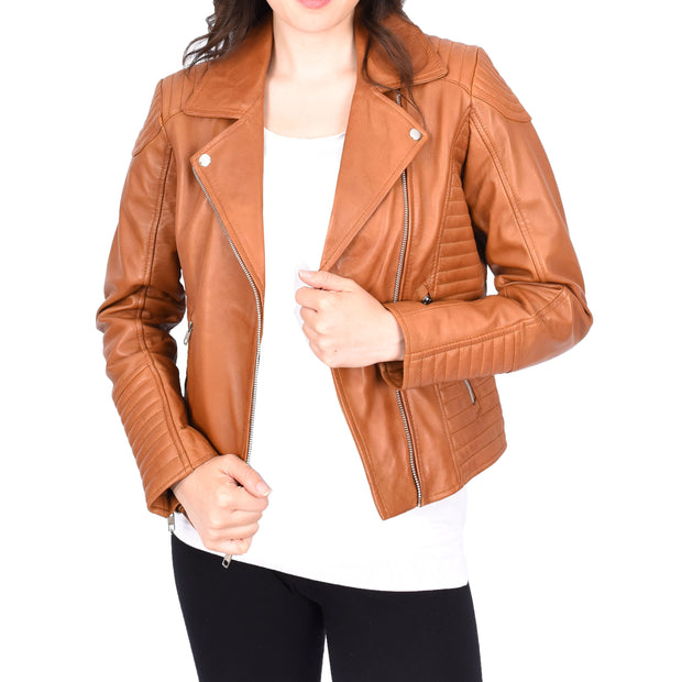 Womens Designer Leather Biker Jacket Fitted Quilted Bonita Tan-5