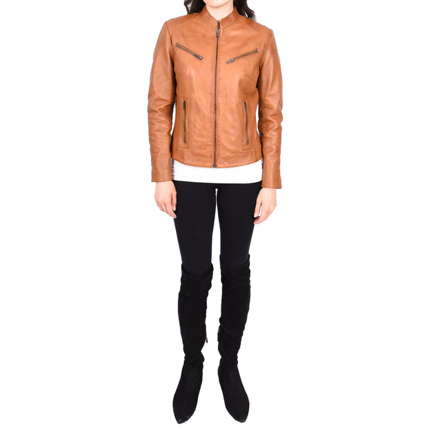 Womens Fitted Leather Biker Jacket Casual Zip Up Coat Jenny Tan-5