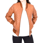 Womens Real Leather Bomber Jacket Tan Diamond Quilted Fitted Varsity Storm