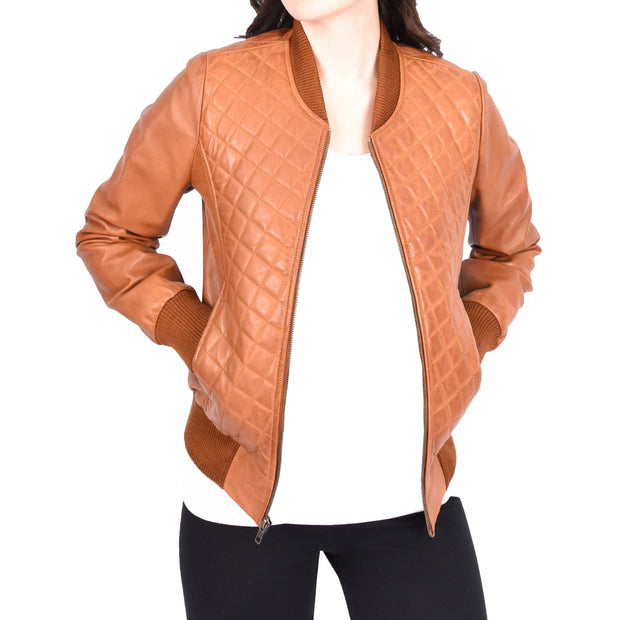 Womens Real Leather Bomber Jacket Tan Diamond Quilted Fitted Varsity Storm