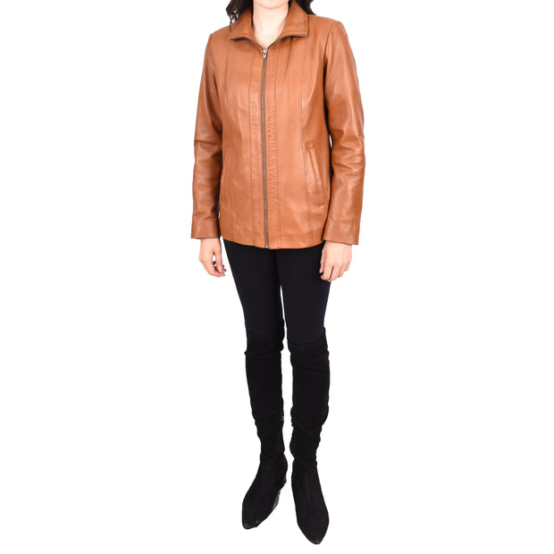 Womens Classic Semi Fitted Biker Real Leather Jacket Nicole Tan-5