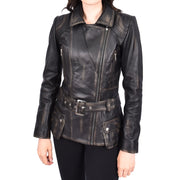 Womens Rub 0ff Leather Belted Jacket Hip Length With Zip Details Sandra