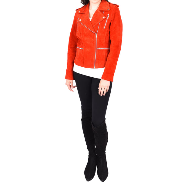 Womens Genuine Red Suede Biker Jacket - Rusty