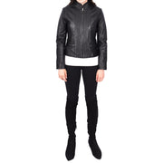 Womens Soft Black Leather Biker Jacket Stand-Up Band Collar Bliss