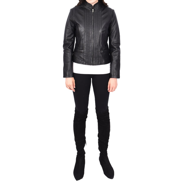 Womens Soft Black Leather Biker Jacket Stand-Up Band Collar Bliss