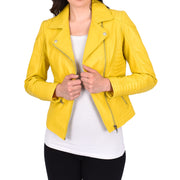 Womens Designer Leather Biker Jacket Fitted Quilted Bonita Yellow-5