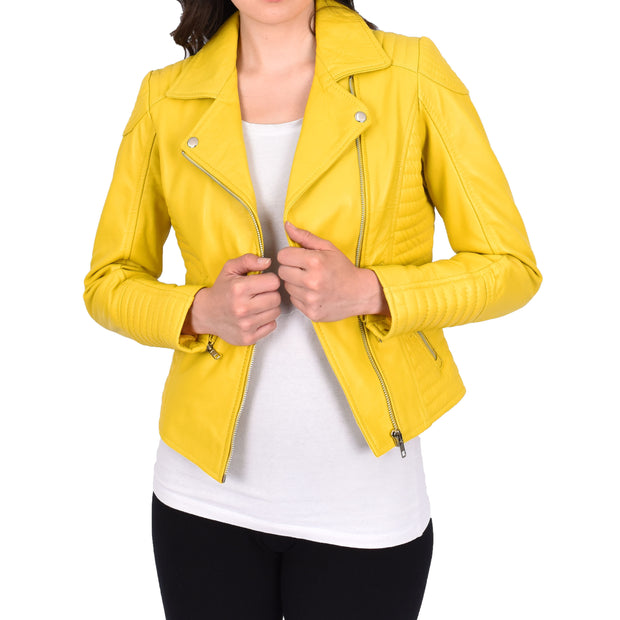 Womens Designer Leather Biker Jacket Fitted Quilted Bonita Yellow-5