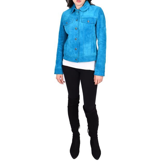 Womens Suede Trucker Jacket Teal Blue American Western Style Marisa