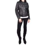 Womens Soft Leather Biker Jacket Black Casual Fitted Trendy Stylish Zoe