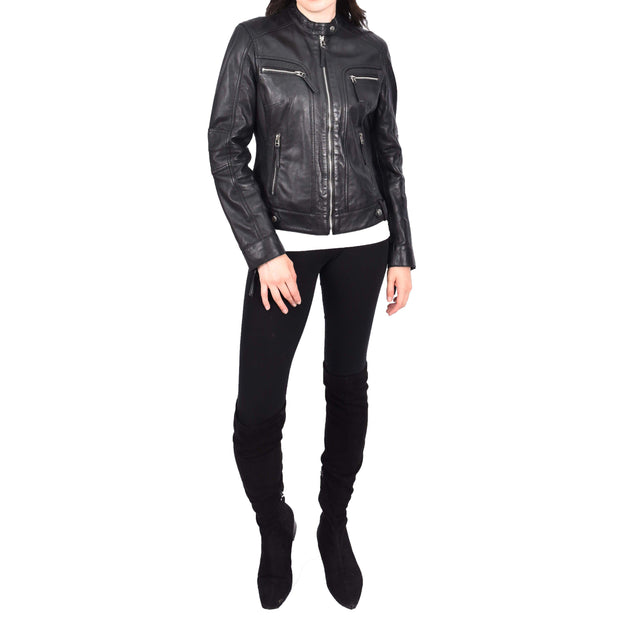 Womens Soft Leather Biker Jacket Black Casual Fitted Trendy Stylish Zoe