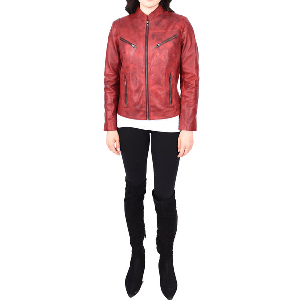Womens Fitted Leather Biker Jacket Casual Zip Up Coat Jenny Dirty Red-5