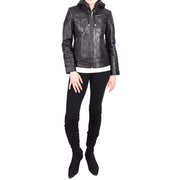 Womens Genuine Black Leather Biker Style Jacket With Removable Hood Sally