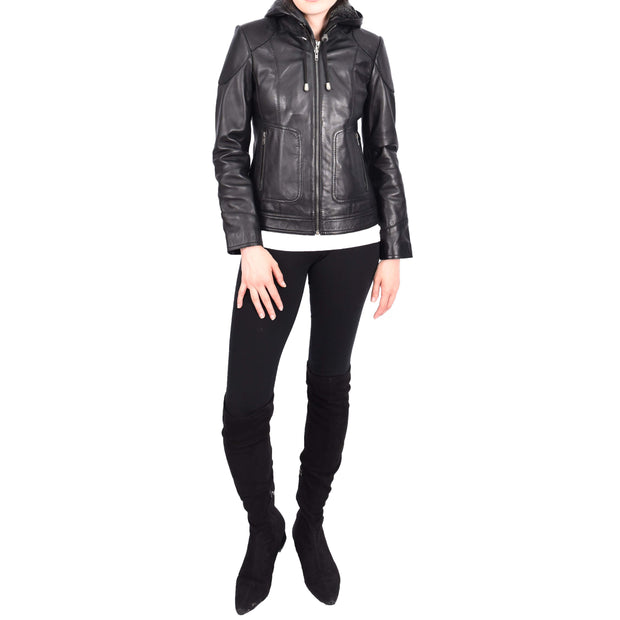 Womens Genuine Black Leather Biker Style Jacket With Removable Hood Sally