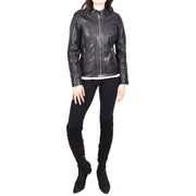 Womens Soft Leather Biker Jacket Fitted Zip Fasten Band Collar Casual Style Mia Black