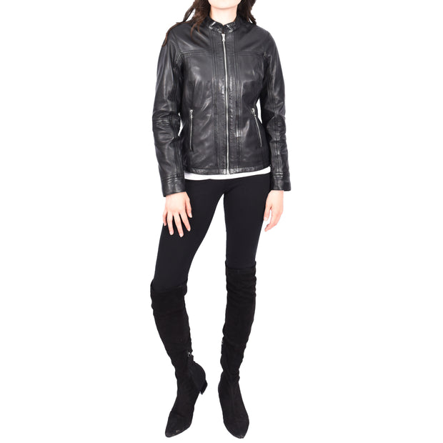 Womens Soft Leather Biker Jacket Fitted Zip Fasten Band Collar Casual Style Mia Black