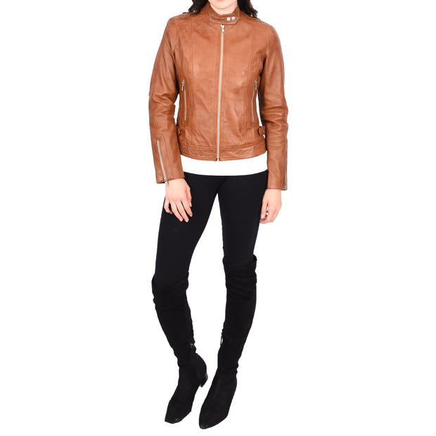 Womens Soft Tan Leather Biker Jacket Designer Stylish Fitted Quilted Celeste
