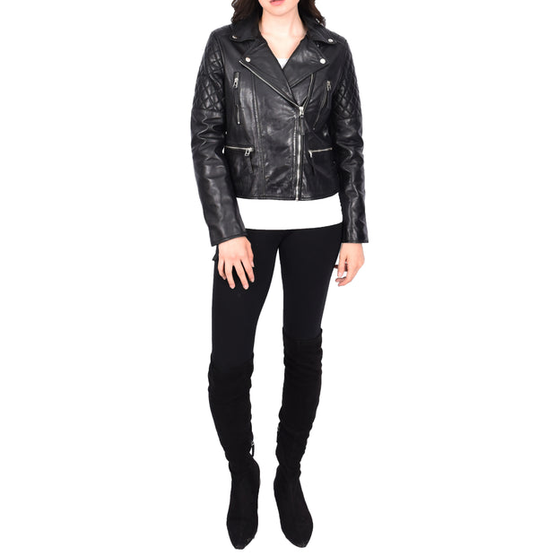 Womens Real Leather Jacket X-Zip Biker Style Fitted Quilted Liz Black
