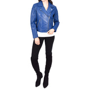 Womens Designer Leather Biker Jacket Fitted Quilted Bonita Blue-5