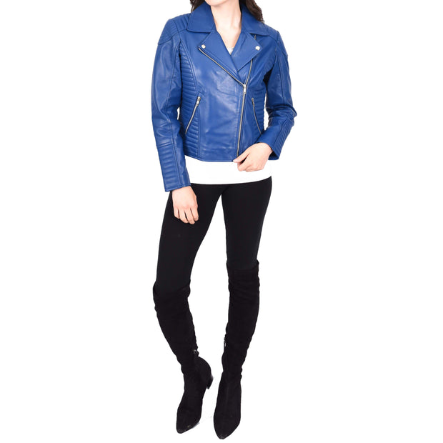 Womens Designer Leather Biker Jacket Fitted Quilted Bonita Blue-5