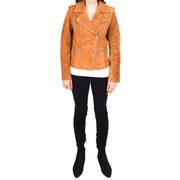 Womens Genuine X-Zip Fitted Biker Tan Suede Leather Jacket Rusty