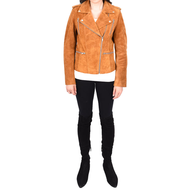 Womens Genuine X-Zip Fitted Biker Tan Suede Leather Jacket Rusty