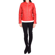 Womens Soft Red Leather Biker Jacket Designer Stylish Fitted Quilted Celeste