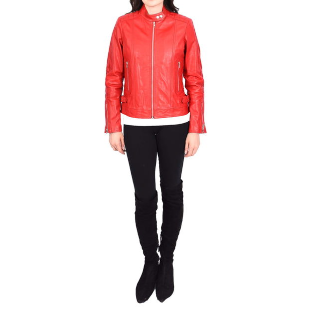 Womens Soft Red Leather Biker Jacket Designer Stylish Fitted Quilted Celeste