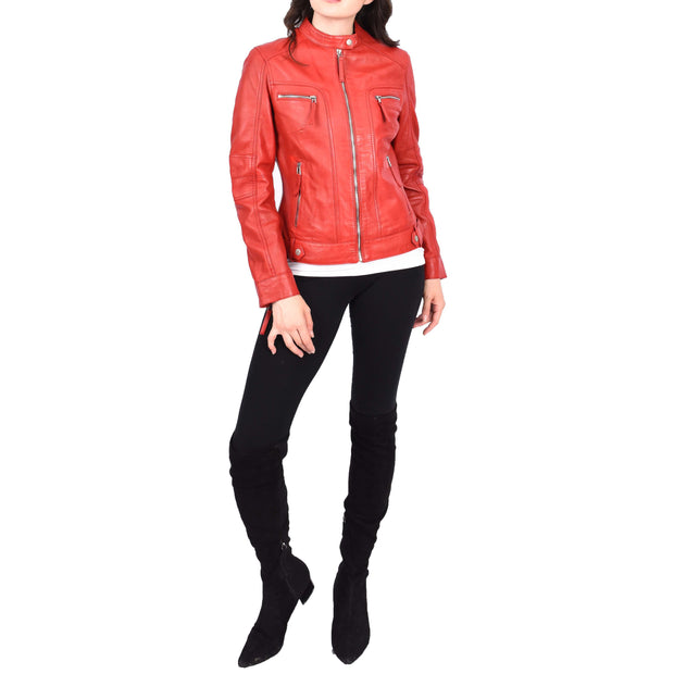 Womens Soft Leather Biker Jacket Red Casual Fitted Trendy Stylish Zoe