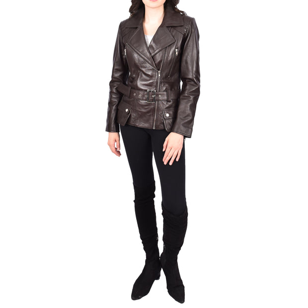Womens Brown Leather Belted Jacket Hip Length With Zip Details Sandra