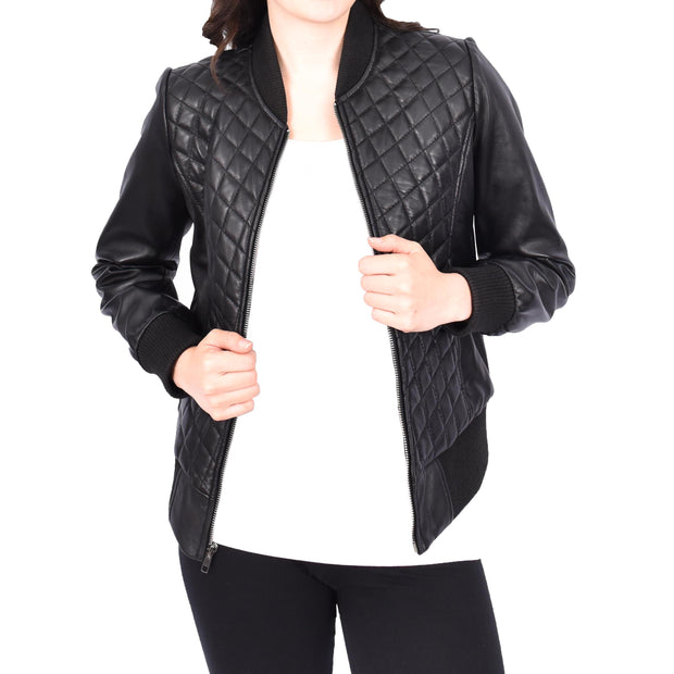 Womens Real Leather Bomber Jacket Black Diamond Quilted Fitted Varsity Storm